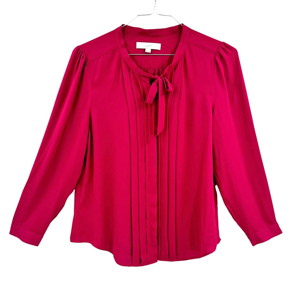 Loft Women's Tie Neck Blouse Long Sleeve Red‎ Chiffon Office Petite Large LP